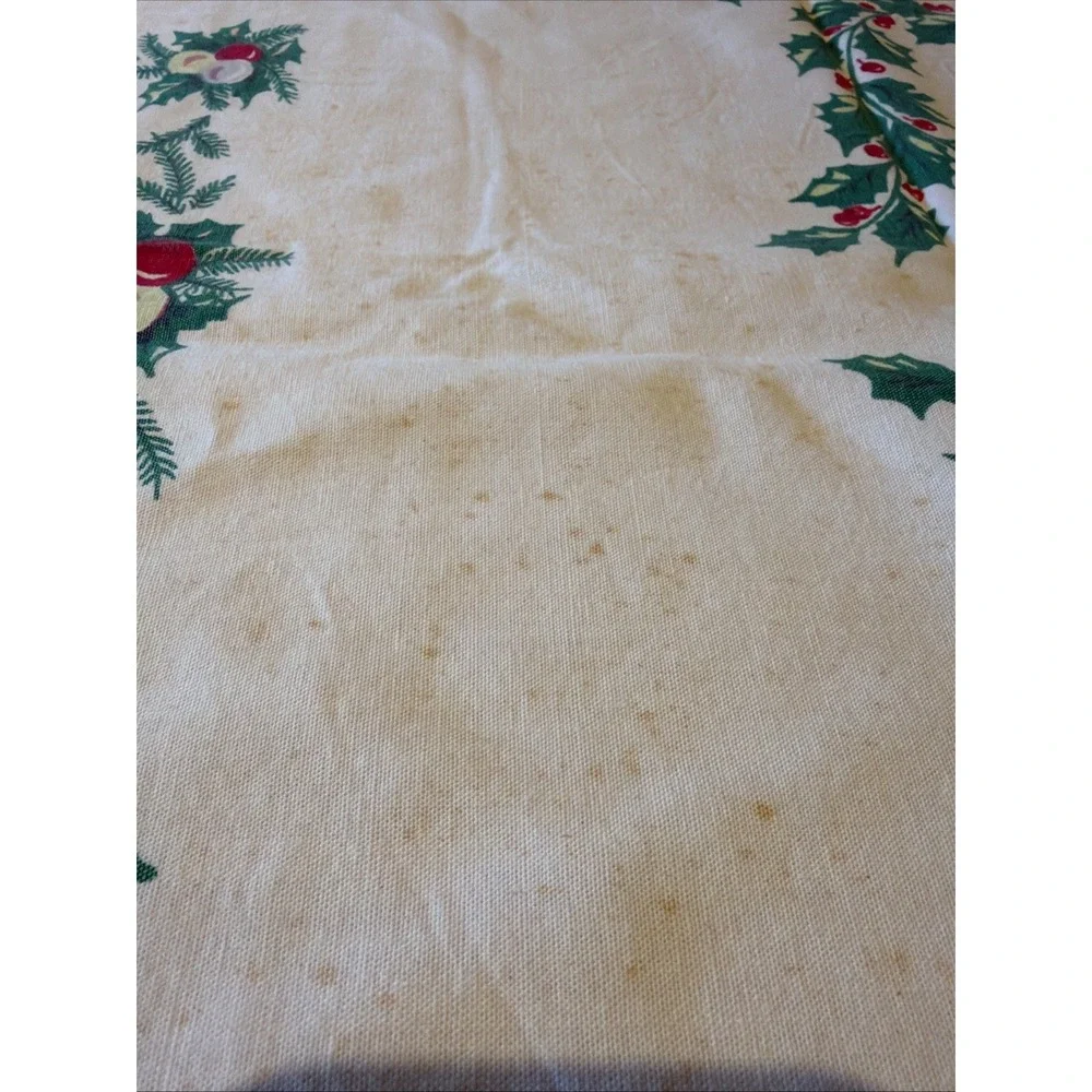 Vtg Mid-Century Modern Christmas Tablecloth Poinsettia Candles Holly 43